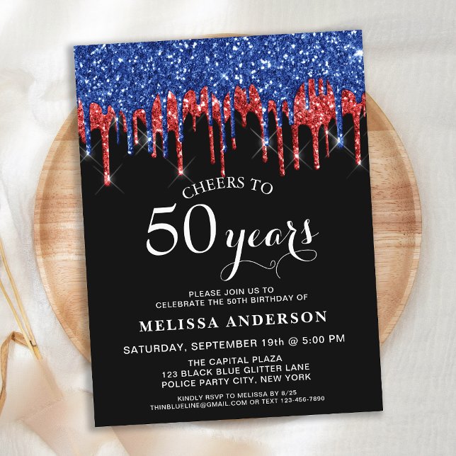 Elegant Blue Red Black Glitter Drip 50th Birthday Postcard (Creator Uploaded)