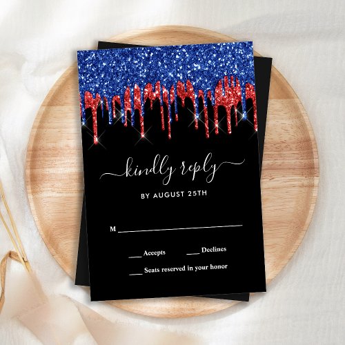 Elegant Blue Red Black Glitter Drips Wedding RSVP Note Card