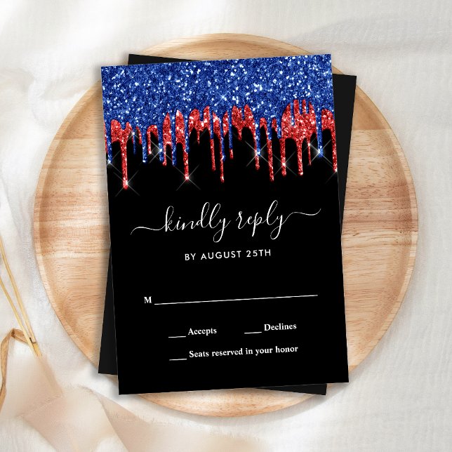Elegant Blue Red Black Glitter Drips Wedding RSVP Note Card (Creator Uploaded)