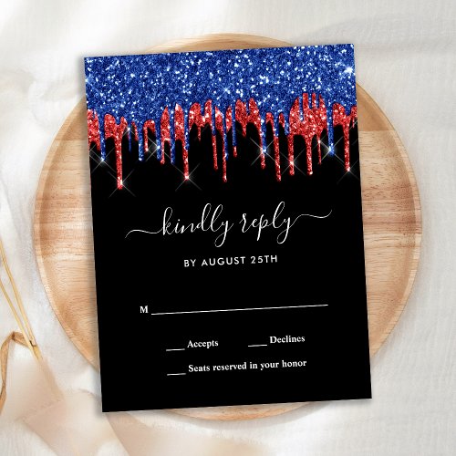 Elegant Blue Red Black Glitter Drips Wedding RSVP Postcard