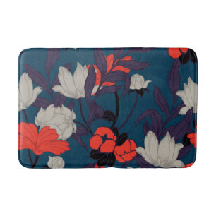 Elegant Blue & Red Floral Pattern Bath Mat