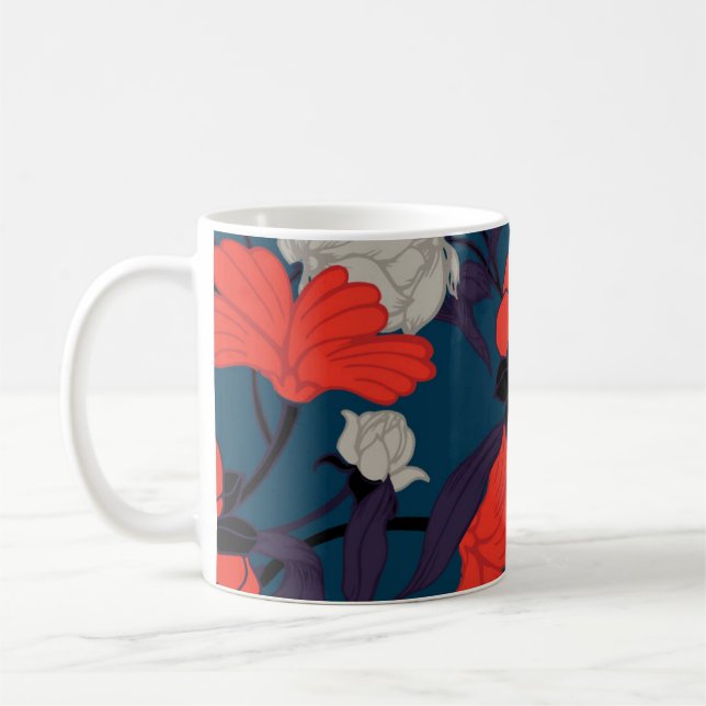Elegant Blue & Red Floral Pattern Coffee Mug (Left)