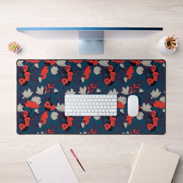Elegant Blue & Red Floral Pattern Desk Mat (Office 1)