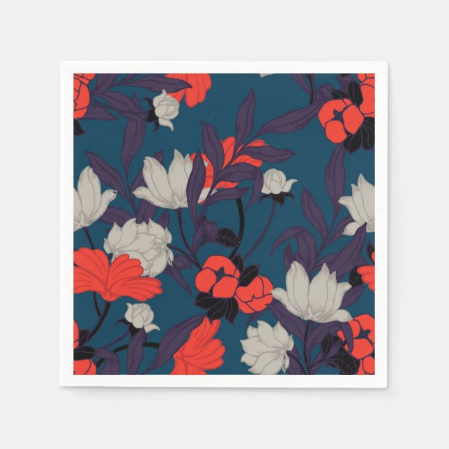 Elegant Blue & Red Floral Pattern Napkins (Front)