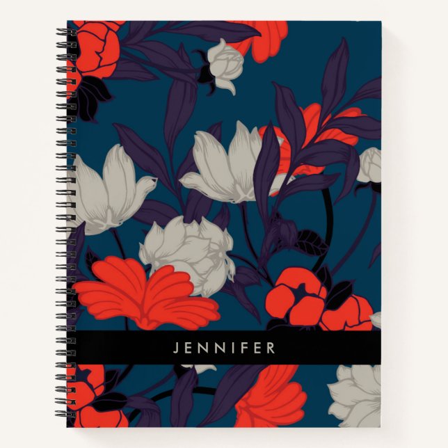 Elegant Blue & Red Floral Pattern Notebook (Front)
