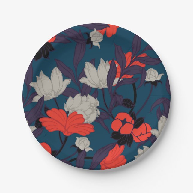 Elegant Blue & Red Floral Pattern Paper Plates (Front)