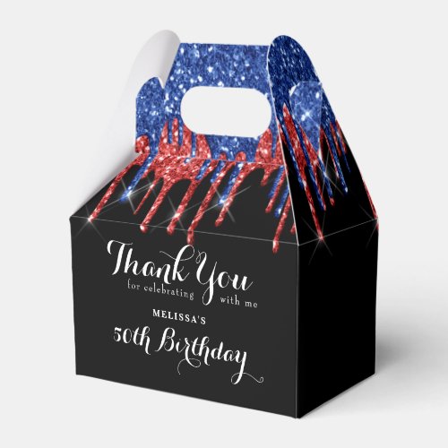 Elegant Blue Red Glitter Drips Patriotic Birthday Favor Boxes