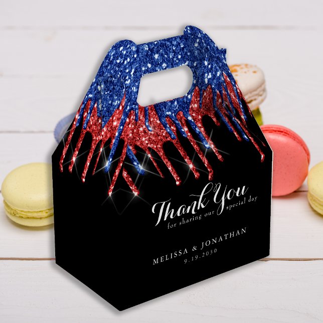 Elegant Blue Red Glitter Drips Patriotic Wedding Favor Boxes (Creator Uploaded)