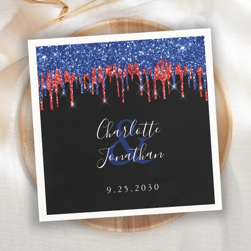 Elegant Blue Red Glitter Drips Patriotic Wedding Napkins