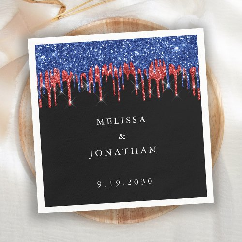 Elegant Blue Red Glitter Drips Patriotic Wedding Napkins