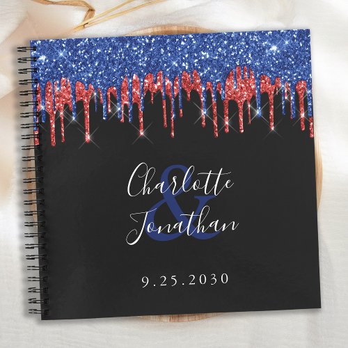 Elegant Blue Red Glitter Drips Patriotic Wedding Notebook