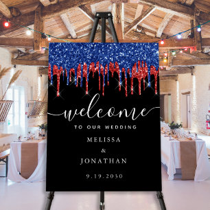 Elegant Blue Red Glitter Patriotic Wedding Welcome Foam Board