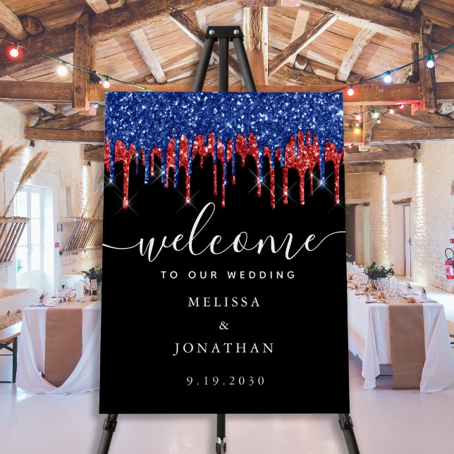 Elegant Blue Red Glitter Patriotic Wedding Welcome Foam Board (Creator Uploaded)