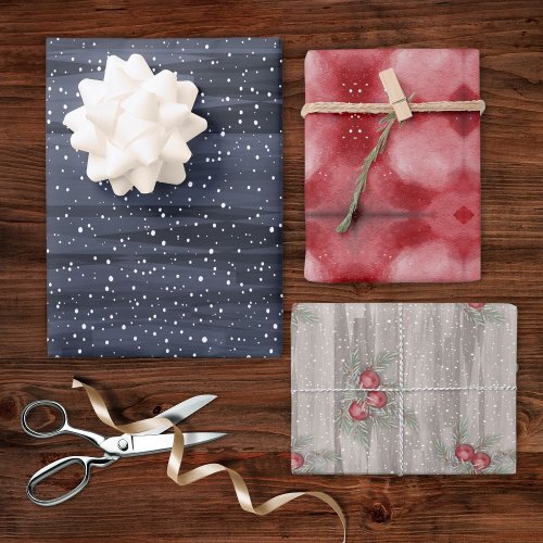 Elegant Blue Red Grey Snowy Berries Christmas Wrapping Paper Sheets