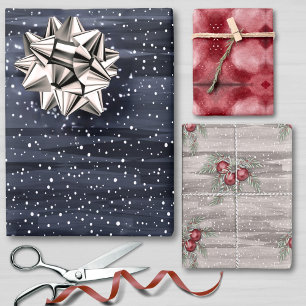 Elegant Blue Red Grey Snowy Berries Christmas Wrapping Paper Sheets