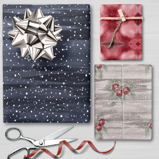 Elegant Blue Red Grey Snowy Berries Christmas Wrapping Paper Sheets