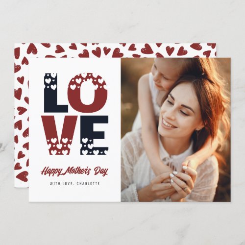 Elegant Blue Red Hearts Photo Happy Mothers Day Card