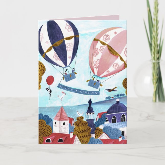 Elegant blue & red Hot Air Balloon Happy Birthday Card (Front)