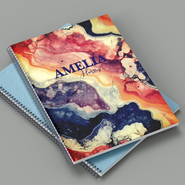 Elegant blue red marble art girly monogram  notebook (Creator Uploaded)