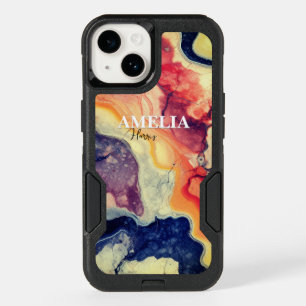 Elegant blue red marble art girly monogram OtterBox iPhone 14 case