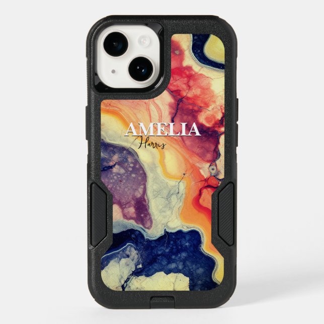 Elegant blue red marble art girly monogram  otterbox iPhone case (Back)