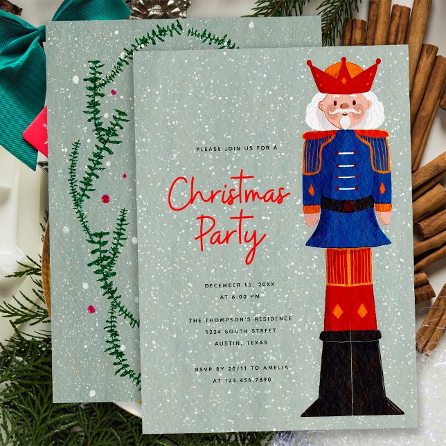 Elegant Blue Red Merry Christmas Nutcracker Party Invitation (Front and Back)