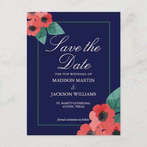 Elegant Blue Red Poppy Floral Save the Date Announcement Postcard