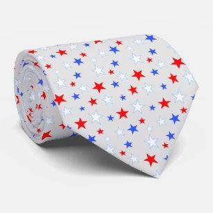 Elegant Blue Red White Stars on Light Silver Gray Neck Tie