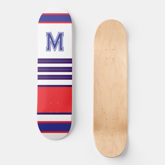 Elegant blue red white stripes monogram skateboard (Front)