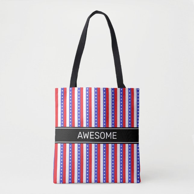 Elegant Blue Red White Vertical Stripes Tote Bag (Front)