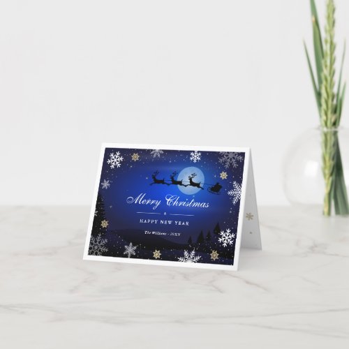 Elegant Blue Reindeer Santa Claus Merry Christmas Holiday Card