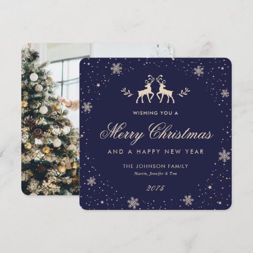 Elegant Blue Reindeer Snowflake Photo Holiday Card