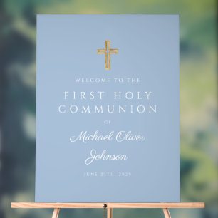 Elegant Blue Religious Boy First Communion Welcome Acrylic Sign