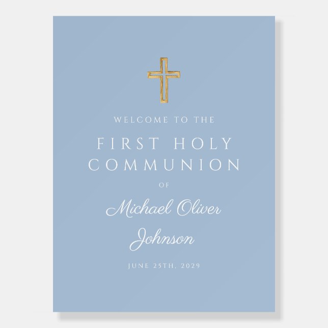 Elegant Blue Religious Boy First Communion Welcome Foam Board (Front)