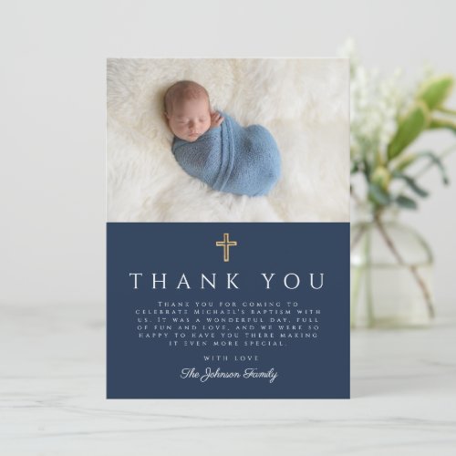 Elegant Blue Religious Cross Boy Baptism Photo Invitation