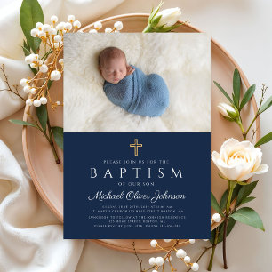 Elegant Blue Religious Cross Boy Baptism Photo Invitation