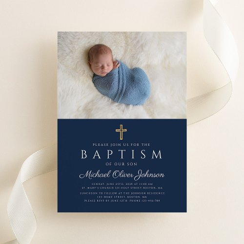 Elegant Blue Religious Cross Boy Baptism Photo Invitation