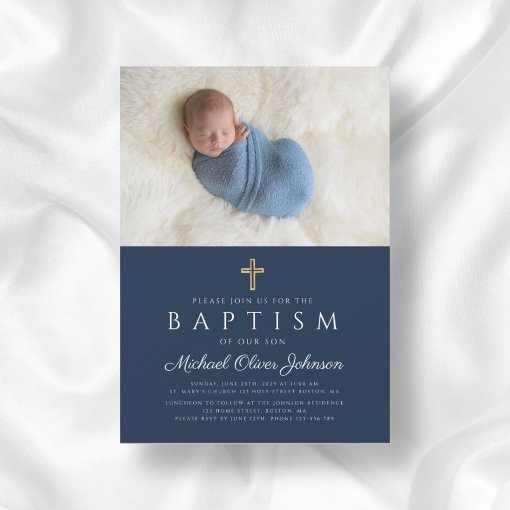 Elegant Blue Religious Cross Boy Baptism Photo Invitation | Zazzle