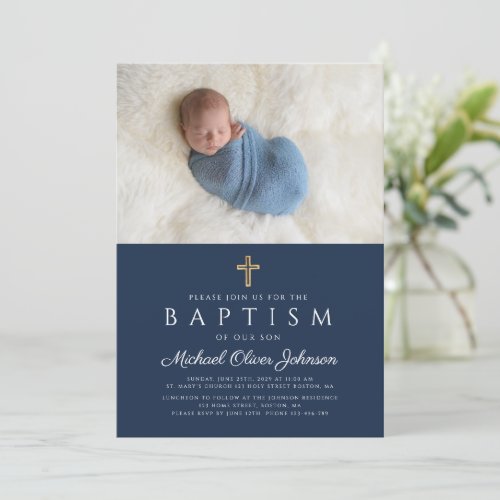 Elegant Blue Religious Cross Boy Baptism Photo Invitation