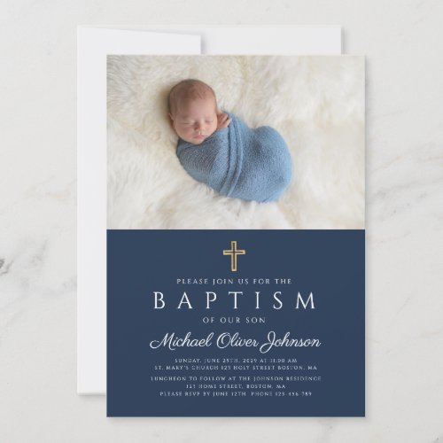 Elegant Blue Religious Cross Boy Baptism Photo Invitation