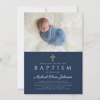 Elegant Blue Religious Cross Boy Baptism Photo