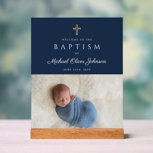 Elegant Blue Religious Cross Boy Baptism Welcome  Acrylic Sign