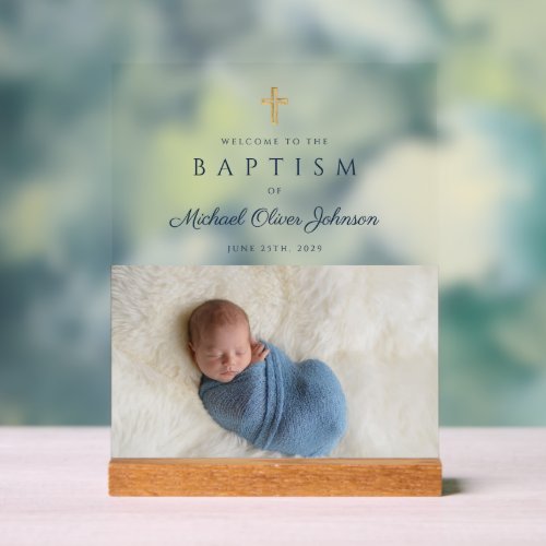 Elegant Blue Religious Cross Boy Baptism Welcome  Acrylic Sign