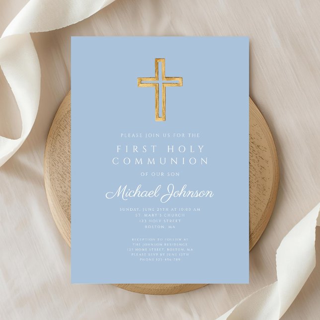 Elegant Blue Religious Cross Boy First Communion Invitation (Elegant Blue Religious Cross Boy First Communion Invitation)