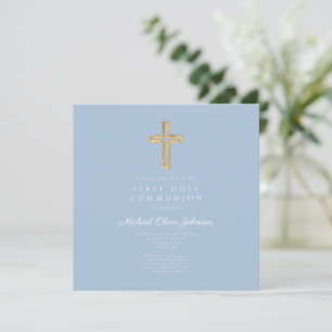Elegant Blue Religious Cross Boy First Communion Invitation