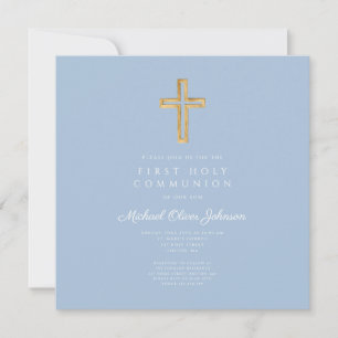 Elegant Blue Religious Cross Boy First Communion Invitation