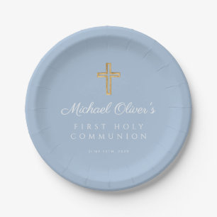 Elegant Blue Religious Cross Boy First Communion Paper Plates