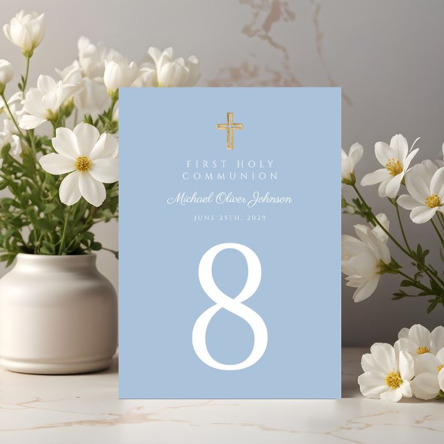 Elegant Blue Religious Cross Boy First Communion Table Number (Elegant Blue Religious Cross Boy First Communion Table Number)