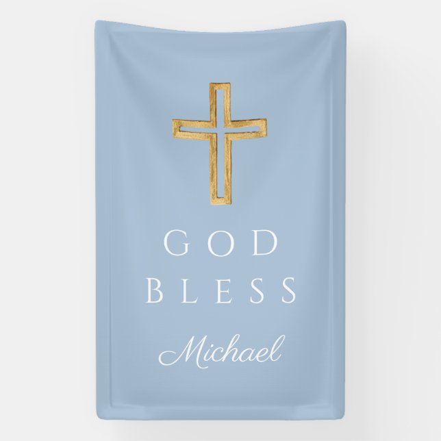 Elegant Blue Religious Cross Boy God Bless Banner (Vertical)
