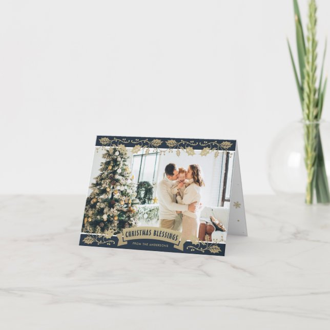 Elegant Blue Religious Photo Christmas Blessings Holiday Card (Front)